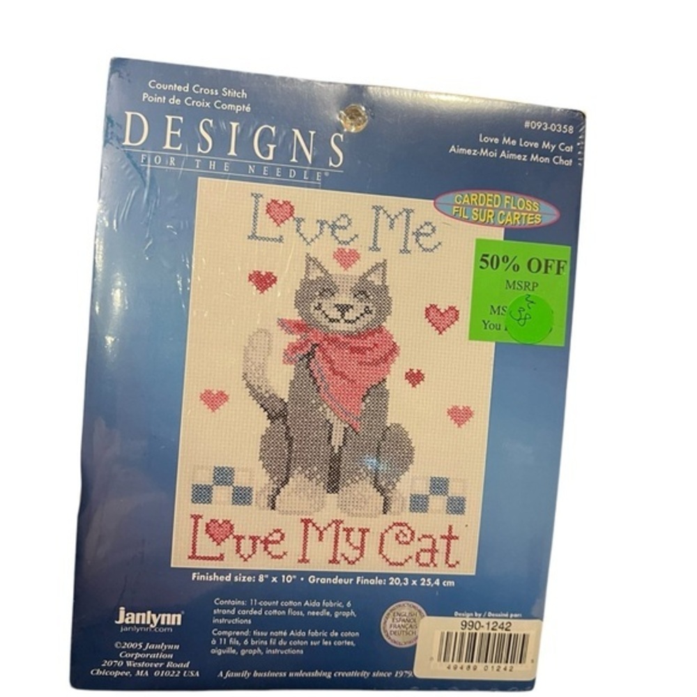Janlynn Love Me Love My Cat 2005 Counted Cross Stitch Kit 093-0358 NIP Hearts‎